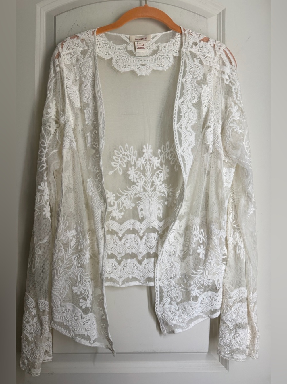 Sundance White Sheer Lace Embroidered cardigan long sleeve beachy bride neutral